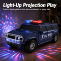 Dark blue police car toy projecting colorful light effects across the floor