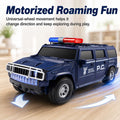 Dark blue motorized police car toy moving across a smooth indoor floor