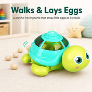 Moving turtle toy dropping little eggs as it crawls